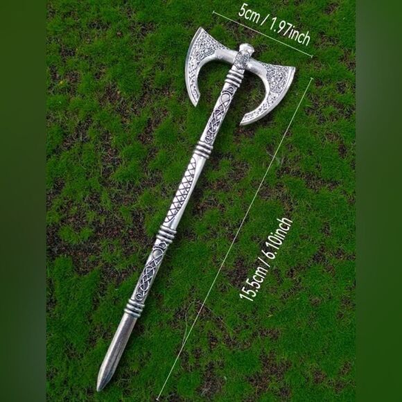 Vintage Inspired Viking Axe Hair Accessory, Engraved, Silver Tone, Easy … - Picture 3 of 4